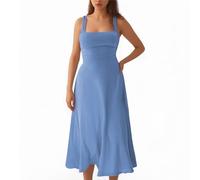 Zeiayuas Milk Maid Dress Women UK Clearance Wide Strappy Dresses Square Neck Sleeveless Midi Dress Evening Wedding Guest Dress Summer Elegant Party Mermaid Dress Ladies Milkmaid Sundress Light Blue