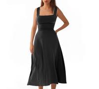 Zeiayuas Milk Maid Dress Women UK Clearance Wide Strappy Dresses Square Neck Sleeveless Midi Dress Evening Wedding Guest Dress Summer Elegant Party Mermaid Dress Ladies Milkmaid Sundress Black