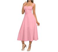 Zeiayuas Milk Maid Dress Women UK Sale Clearance Spaghetti Strap Square Neck Sleeveless Midi Dress Evening Wedding Guest Dresses Summer Elegant Party Mermaid Dresses Ladies Milkmaid Sundress Pink