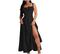 Zeiayuas Milk Maid Dress Women UK Sale Clearance Strappy Dresses Square Neck Sleeveless Maxi Dress Summer Elegant Party Dress Boho Beach Holiday Long Dress Ladies High Split Milkmaid Sundress Black