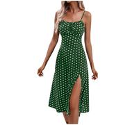 Zeiayuas Milkmaid Dress Women Summer Sleeveless Split Midi Dress Boho Casual Beach Dress A-Line Spaghetti Strap Square Neck Milk Maid Dress Ladies Polka Dot Print Milkmaid Sundress