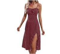 Zeiayuas Milkmaid Dress Women Summer Sleeveless Split Midi Dress Boho Casual Beach Dress A-Line Spaghetti Strap Square Neck Milk Maid Dress Ladies Polka Dot Print Milkmaid Sundress