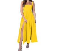 Zeiayuas Milkmaid Sundress Women Summer Sleeveless Split Maxi Dress Boho Casual Beach Dress A-Line Strappy Square Neck Milk Maid Dress Ladies Solid Color Milkmaid Dress Yellow