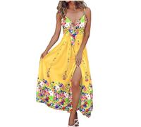 Zeiayuas Milkmaid Sundress Women UK Summer Sleeveless Split Maxi Dress Boho Casual Beach Dress A-Line Spaghetti Strap V Neck Milk Maid Dress Ladies Floral Print Milkmaid Dresses Yellow