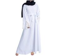 Zeiayuas Muslim Dress for Women Full Cover Kaftan Abaya Dress Flowy Maxi Dress with Pocket Islamic Evening Gown Arab Dress Abaya Kaftan Clothes Robe Embroidered Dress White