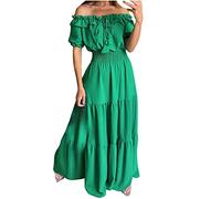 Zeiayuas Off Shoulder Dress for Women UK - Elegant Shirred Bubble Short Sleeve Elastic Waist Maxi Boho Casual Beach Holiday Long Sundress A-Line Vintage Milk Maid Ladies Green