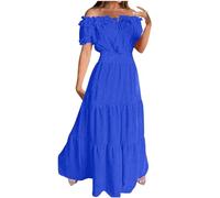 Zeiayuas Off Shoulder Dress for Women UK - Elegant Shirred Bubble Short Sleeve Elastic Waist Maxi Boho Casual Beach Holiday Long Sundress A-Line Vintage Milk Maid Ladies Blue