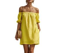 Zeiayuas Off Shoulder Dress Women UK Elegant Cotton Linen Dresses Shirred Bubble Short Sleeve Mini Dress Boho Casual Beach Holiday Sundress Ladies A-Line Vintage Milk Maid Dresses with Pockets Yellow