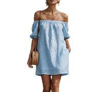 Zeiayuas Off Shoulder Dress Women UK Elegant Cotton Linen Dresses Shirred Bubble Short Sleeve Mini Dress Boho Casual Beach Holiday Sundress Ladies A-Line Vintage Milk Maid Dresses with Pockets Blue