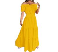 Zeiayuas Off Shoulder Dresses Women UK Elegant Shirred Dress Bubble Short Sleeve Elastic Waist Maxi Dresses Boho Casual Beach Dress Holiday Long Sundress A-Line Vintage Milk Maid Dress Ladies Yellow