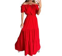 Zeiayuas Off Shoulder Dresses Women UK Elegant Shirred Dress Bubble Short Sleeve Elastic Waist Maxi Dresses Boho Casual Beach Dress Holiday Long Sundress A-Line Vintage Milk Maid Dress Ladies