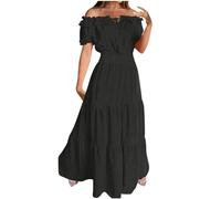 Zeiayuas Off Shoulder Dresses Women UK Elegant Shirred Dress Bubble Short Sleeve Elastic Waist Maxi Dresses Boho Casual Beach Dress Holiday Long Sundress A-Line Vintage Milk Maid Dress Ladies Black