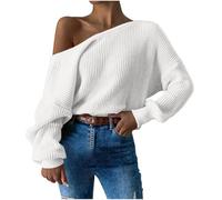Zeiayuas Oversized Jumper Women Off The Shoulder Knitted Jumpers Solid Color Sweaters Long Sleeve Knit Tops Sexy Cold Shoulder Pullover Knitwear Ladies Jumper Size 8-14 White