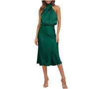 Zeiayuas Party Dress for Women UK Elegant Sleeveless Party Cocktail Midi Dresses Ladies Satin Silk Halter Neck Bridesmaid Dress Wrap Bodycon Evening Prom Office Work Formal Dresses Green