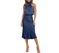 Zeiayuas Party Dress for Women UK Elegant Sleeveless Party Cocktail Midi Dresses Ladies Satin Silk Halter Neck Bridesmaid Dress Wrap Bodycon Evening Prom Office Work Formal Dresses Dark Blue