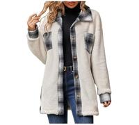 Zeiayuas Plaid Flannel Shacke Women UK Winter Tartan Jacket Fleece Trench Shirts Woolen Button Down Pea Coats Ladies Fuzzy Fluffy Shirt Lapel Pocket Checkered Tops with Pocket
