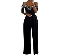 Zeiayuas Playsuit for Women UK Elegant Cold Shoulder Romper V Neck Sparkling Sequins Jumpsuits Casual Overalls Straight Wide Leg Trousers Full Length Rompers Office Work Party Evening Playsuit
