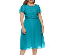 Zeiayuas Plus Size Dress for Women Elegant Casual Chiffon Midi Dresses Short Sleeve Knee Length Dress Formal Crewneck Prom Dress Ladies Wedding Guest Dresses for Evening Night Out Blue