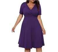 Zeiayuas Plus Size Dress for Women - UK Clearance V Neck Short Sleeve Midi Dress Plain Casual Summer Loose Dresses Party Beach Boho Knee Length Ladies Purple