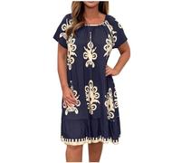 Zeiayuas Plus Size Dress for Women Vintage Ethnic Print Midi Dress Summer Short Sleeve Beach Dresses Square Neck Casual T Shirt Dress A-line Tunic Dress Loose Elegant Party Dresses Holiday Vacation