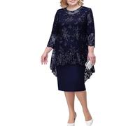 Zeiayuas Plus Size Dresses for Women UK Lace Floral Embroidered Cocktail Dress 3/4 Sleeve Elegant Midi Dresses Tunic Evening Dresses Sparkly Glitter Party Dresses Wedding Guest Gown Navy