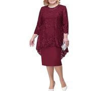 Zeiayuas Plus Size Dresses for Women UK Lace Floral Embroidered Cocktail Dress 3/4 Sleeve Elegant Midi Dress Tunic Evening Sparkly Glitter Party Wedding Guest Gown Wine