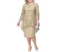Zeiayuas Plus Size Dresses for Women UK Lace Floral Embroidered Cocktail Dress 3/4 Sleeve Elegant Midi Dresses Tunic Evening Dresses Sparkly Glitter Party Dresses Wedding Guest Gown Beige