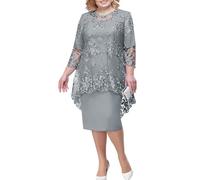 Zeiayuas Plus Size Dresses for Women UK Lace Floral Embroidered Cocktail Dress 3/4 Sleeve Elegant Midi Dresses Tunic Evening Dresses Sparkly Glitter Party Dresses Wedding Guest Gown Gray