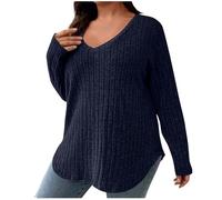 Zeiayuas Plus Size Jumpers for Women Oversized Fall Winter Long Sleeve Sweaters Curved Hem Tunic Tops Ladies Elegant V Neck Pullover Casual Loose Solid Color Jumper Rib Knitted Sweater Dark Blue