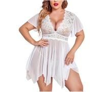 Zeiayuas Plus Size Lingerie Sets Women UK Sale Clearance Sexy Nightdress with G-String Ladies Chemise Sheer Mesh Nightwear V-Neck See-Through Mesh Floral Lace Babydoll Backless Negligee White