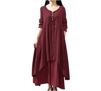 Zeiayuas Plus Size Maxi Dresses Ladies Linen Summer Dress Long Sleeve V Neck Boho Beach Dress Elegant Party Casual Long Dresses A-line Pleated Tea Dresses Plain Baggy Holiday Dresses