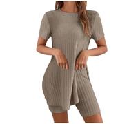 Zeiayuas Pyjamas Sets for Women UK Sale Clearance 2 Piece Lounge Wear Sets Short Sleeve Split Tunic Top Plain Ribbed Knit Matching Outfits T-shirt Biker Shorts Loungewear Sleepwear