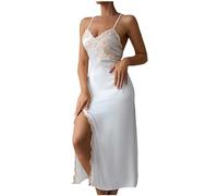 Zeiayuas Satin Nightdress Negligees for Women Sexy Babydoll Nighties V Neck Strap Chemise Slip Sleepwear Ladies Sleeveless Nightwear Lace Floral Silk Satin Nightdress Lingerie White