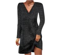 Zeiayuas Sequin Dresses for Women: Sparkly Glitter Evening Dress - Elegant V-Neck Long Sleeve Mini Dress for Party, Disco, Club, Ladies, Sexy Cocktail, Clubwear, Wedding Guest Outfit - Black