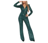 Zeiayuas Sequin Jumpsuit for Women UK Sale Elegant V Neck Long Sleeve Romper Sparkly Glitter Playsuit Ladies Wedding Party Clubbing Rompers Office Evening Trousers Sexy Glitter Bling Clubwear