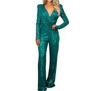Zeiayuas Sequin Jumpsuit for Women UK Sparkly Glitter Playsuit Ladies Wedding Party Clubbing Rompers Elegant V Neck Long Sleeve Romper Office Evening Trousers Sexy Glitter Bling Clubwear Green