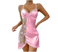 Zeiayuas Sexy Lingerie for Women Naughty Babydoll Chemise Stain Night Dress Floral Lace V Neck Nightdress Sexy Ruffle Sleeveless Sleepwear Silk Pj Mini Dress Pyjamas Nightwear Ladies Pink