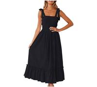 Zeiayuas Shirred Dress for Women UK Clearance Square Neck Strappy Summer Dresses Elegant Plain Maxi Dress Bohemian Beach Holiday Vacation Long Dress Elegant Party Flowy Dresses