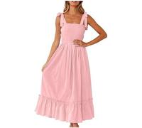 Zeiayuas Shirred Dress for Women UK Sale Clearance Square Neck Strappy Summer Dresses Elegant Plain Maxi Dress Bohemian Beach Holiday Vacation Long Dress Elegant Party Flowy Dresses