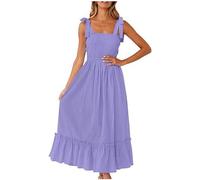 Zeiayuas Shirred Dress for Women UK Sale Clearance Square Neck Strappy Summer Dresses Elegant Plain Maxi Dress Bohemian Beach Holiday Vacation Long Dress Elegant Party Flowy Dresses