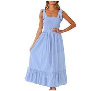 Zeiayuas Shirred Dress for Women UK Sale Clearance Square Neck Strappy Summer Dresses Elegant Plain Maxi Dress Bohemian Beach Holiday Vacation Long Dress Elegant Party Flowy Dresses