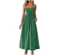 Zeiayuas Shirred Dress for Women UK Sale Clearance Square Neck Strappy Summer Dresses Elegant Spaghetti Strap Plain Maxi Dress Bohemian Beach Holiday Vacation Flowy Long Dresses with Pockets