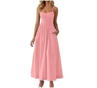Zeiayuas Shirred Dress for Women UK Sale Clearance Square Neck Strappy Summer Dresses Elegant Spaghetti Strap Plain Maxi Dress Bohemian Beach Holiday Vacation Flowy Long Dresses with Pockets