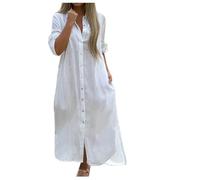 Zeiayuas Shirt Dress for Women Button Down Long Sleeve Maxi Dress Cotton Linen Plus Size Dress Ladies Elegant Blouse Solid Color Beach Holiday Sundress Business Work Formal Long Dress White