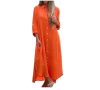 Zeiayuas Shirt Dress for Women Button Down Long Sleeve Maxi Dress Cotton Linen Plus Size Dress Ladies Elegant Blouse Solid Color Beach Holiday Sundress Business Work Formal Long Dress Orange