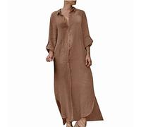 Zeiayuas Shirts Dress Clearance UK Cotton Linen Maxi Dresses for Women Plus Size Button Down Long Dress Plain Beach Dress Cover Up Vintage Boho Kaftan Dresses Elegant Office Vacation Dress Brown