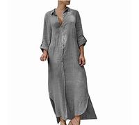 Zeiayuas Shirts Dress Clearance UK Cotton Linen Maxi Dresses for Women Plus Size Button Down Long Dress Plain Beach Dress Cover Up Vintage Boho Kaftan Dresses Elegant Office Vacation Dress Gray