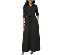 Zeiayuas Shirts Dress Sale Clearance UK Black Funeral Maxi Dresses for Women Button Down Long Dress Office Work Formal Dress Vintage Kaftan Dresses Elegant Vacation Holiday Dress with Belted Pockets