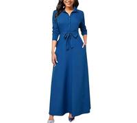 Zeiayuas Shirts Dress Sale Clearance UK Black Funeral Maxi Dresses for Women Button Down Long Dress Office Work Formal Dress Vintage Kaftan Dresses Elegant Vacation Holiday Dress with Belted Pockets