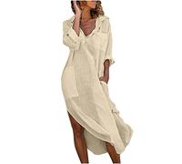 Zeiayuas Shirts Dress Women Clearance UK Cotton Linen Maxi Dresses for Women Button V Neck Long Dress Plain Beach Dress Cover Up Vintage Boho Kaftan Dresses Elegant Office Vacation Dress with Pocket